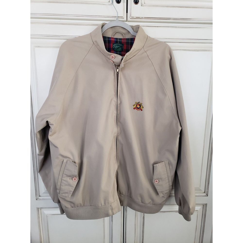 Vtg Izod Khaki Jacket Bomber Style Crest Logo Plaid Lined Sz Xl